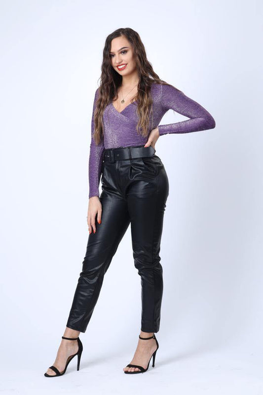 Faux Leather Belted Trousers in Black - watts that trend