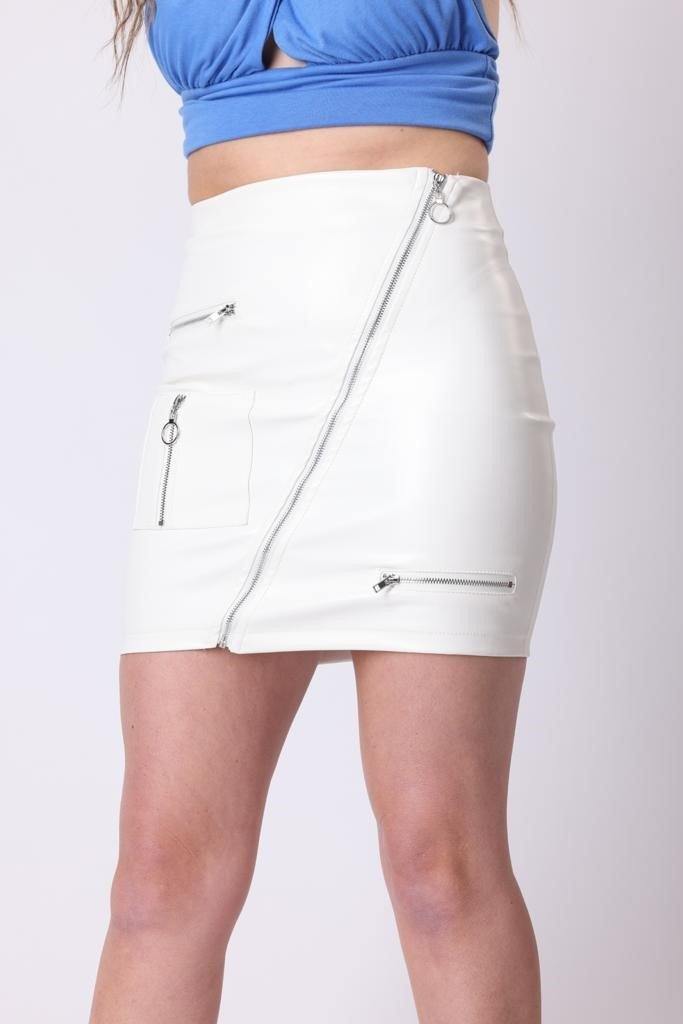 Faux Leather Zip Skirt in White - watts that trend