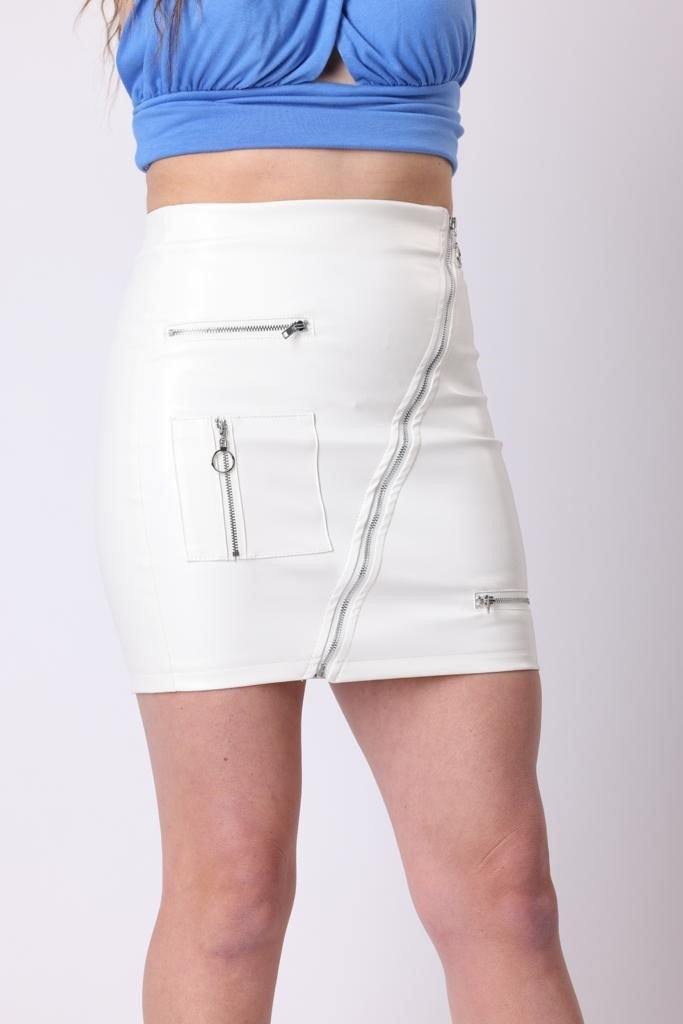 Faux Leather Zip Skirt in White - watts that trend