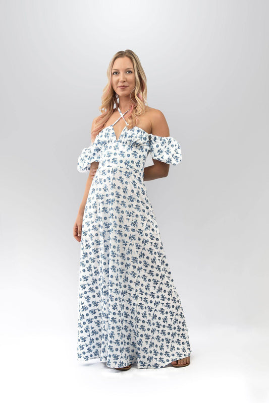 Floral Milkmaid Maxi Dress in White and Blue - watts that trend