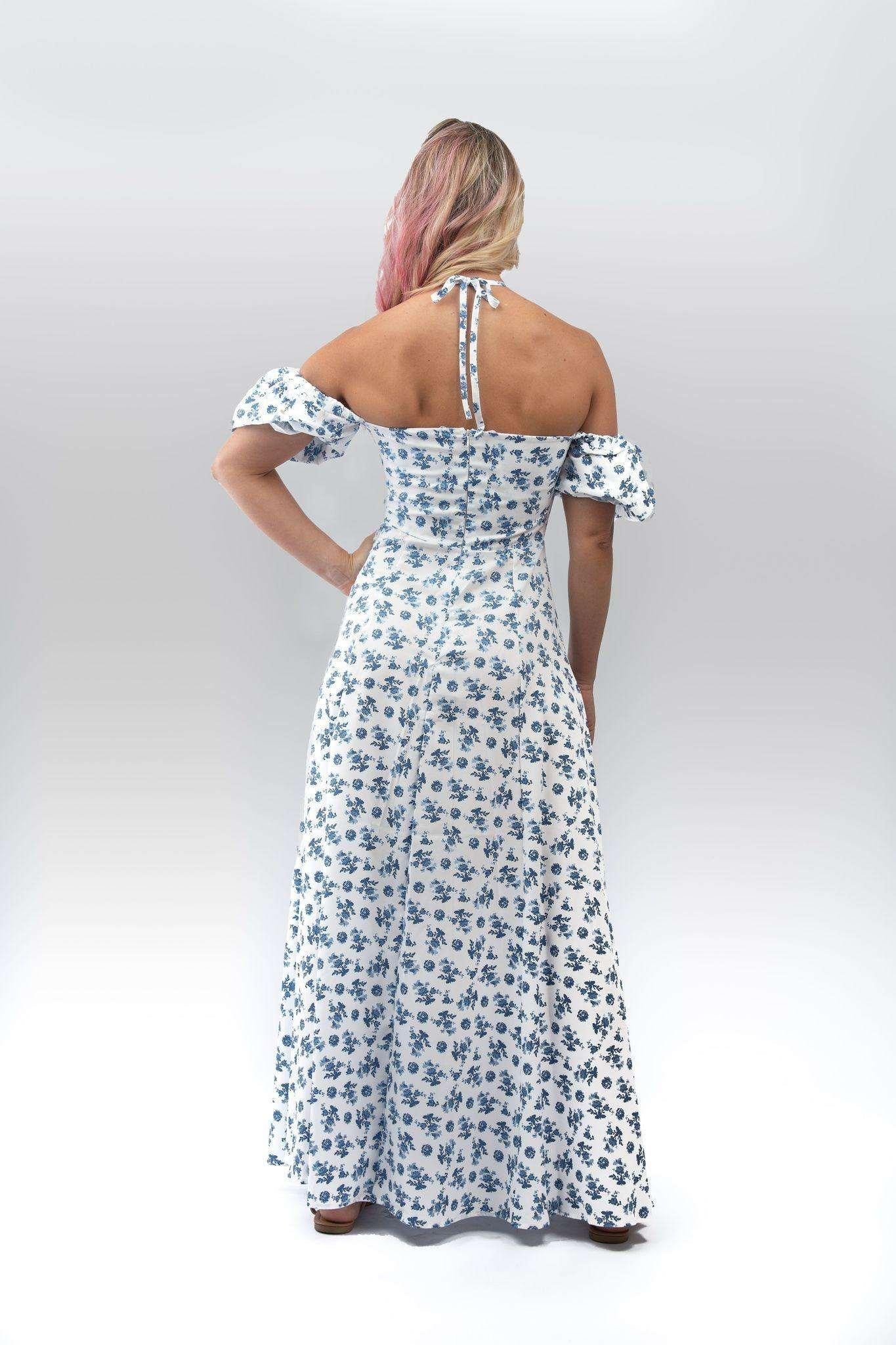 Floral Milkmaid Maxi Dress in White and Blue - watts that trend