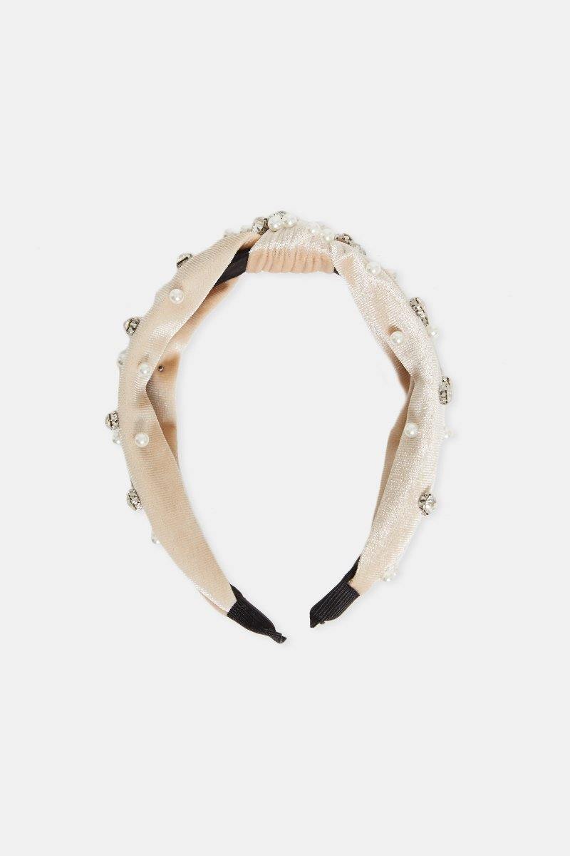 Pearl Velvet Hairband in Beige - watts that trend