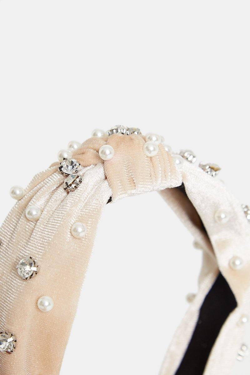 Pearl Velvet Hairband in Beige - watts that trend