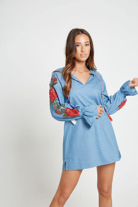 Rose Sleeve Detail Denim Dress - watts that trend