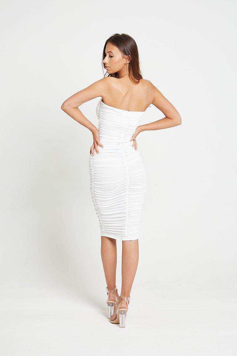 Ruched Front Midi Dress in White - watts that trend