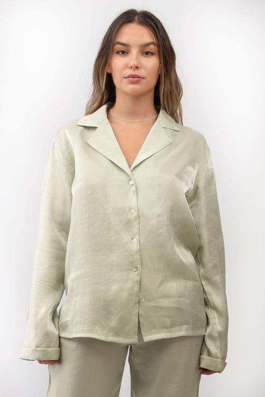 Satin Button Up Shirt in Pale Sage - watts that trend