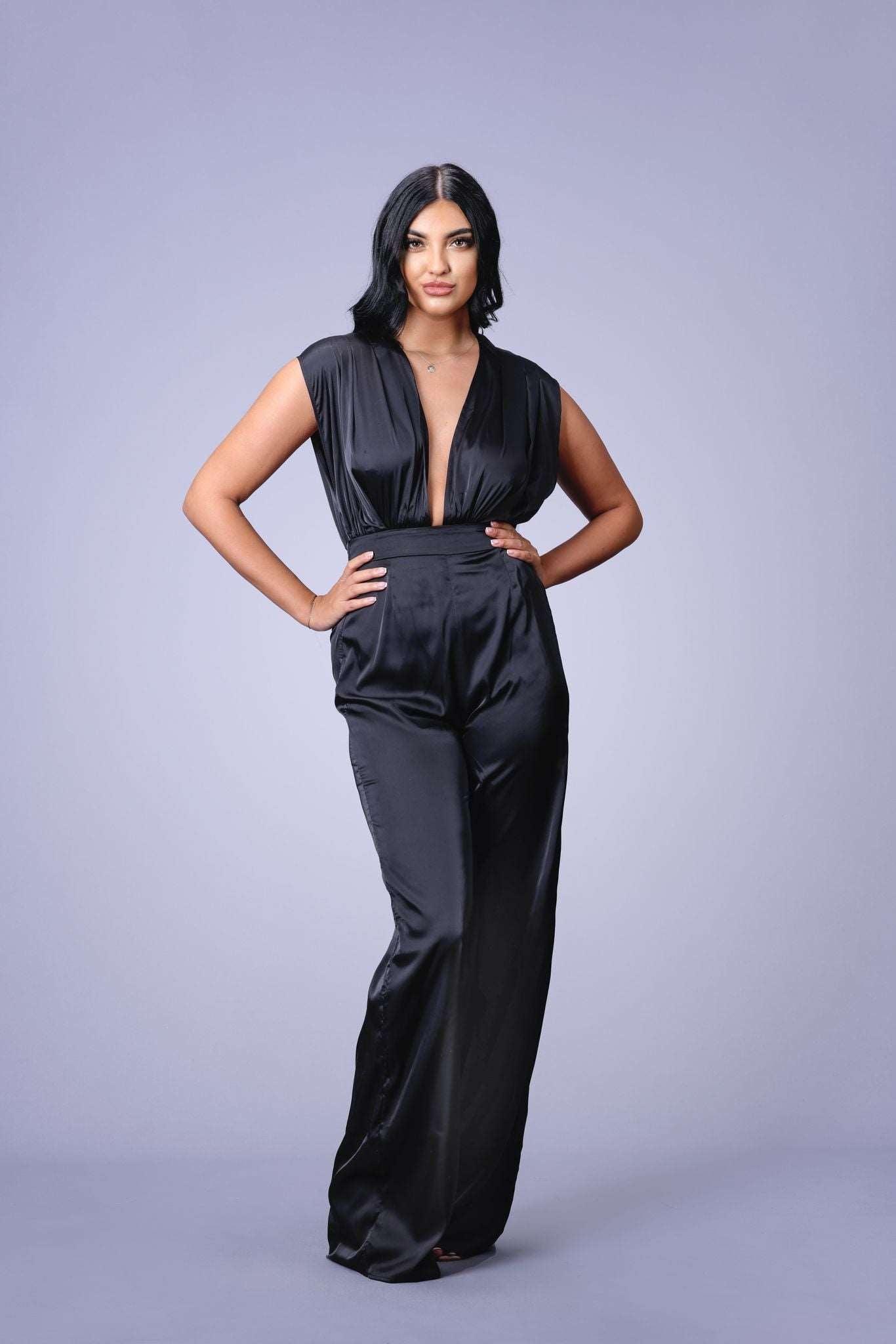 Satin Plunge Neck Jumpsuit in Black