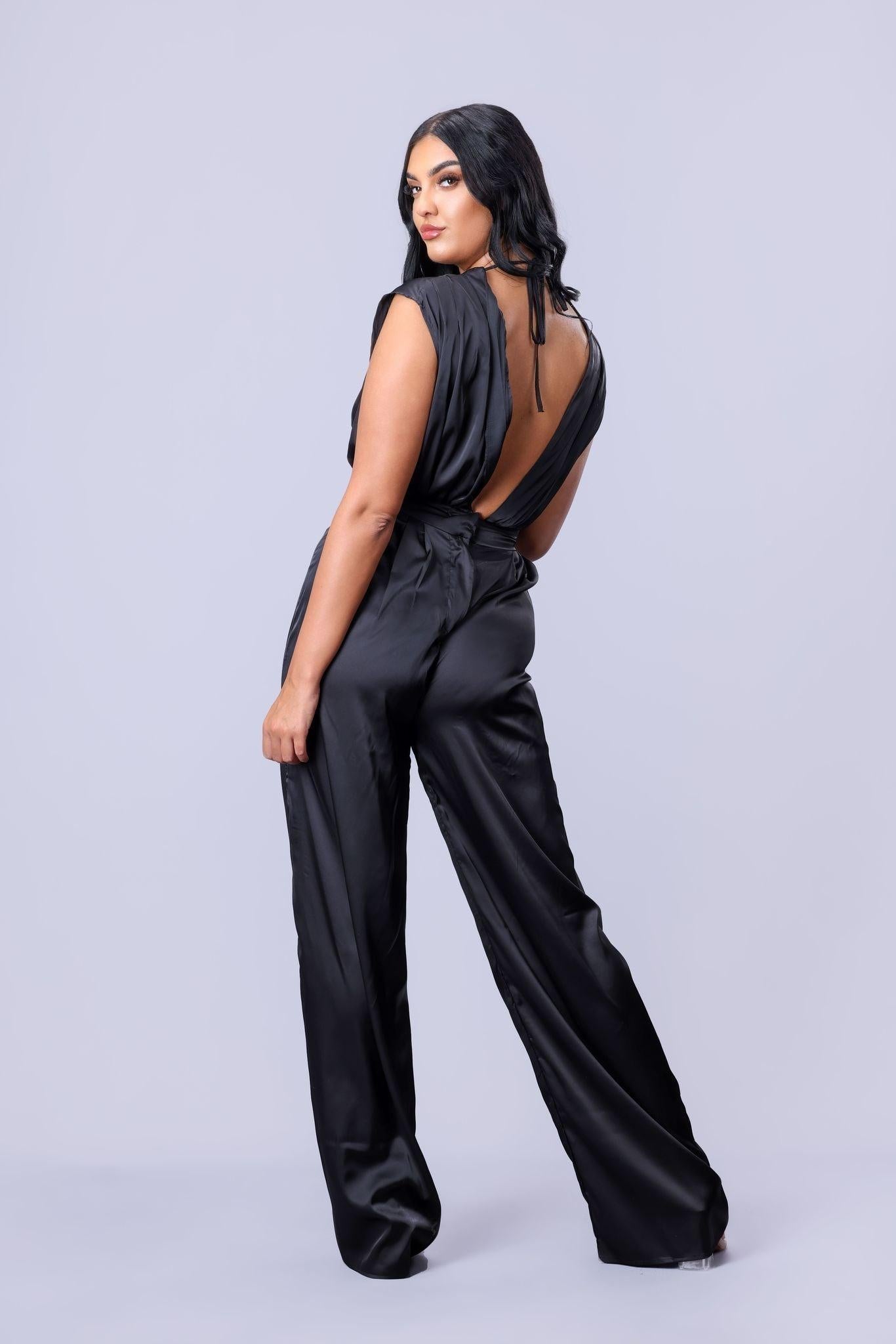 Satin Plunge Neck Jumpsuit in Black - watts that trend