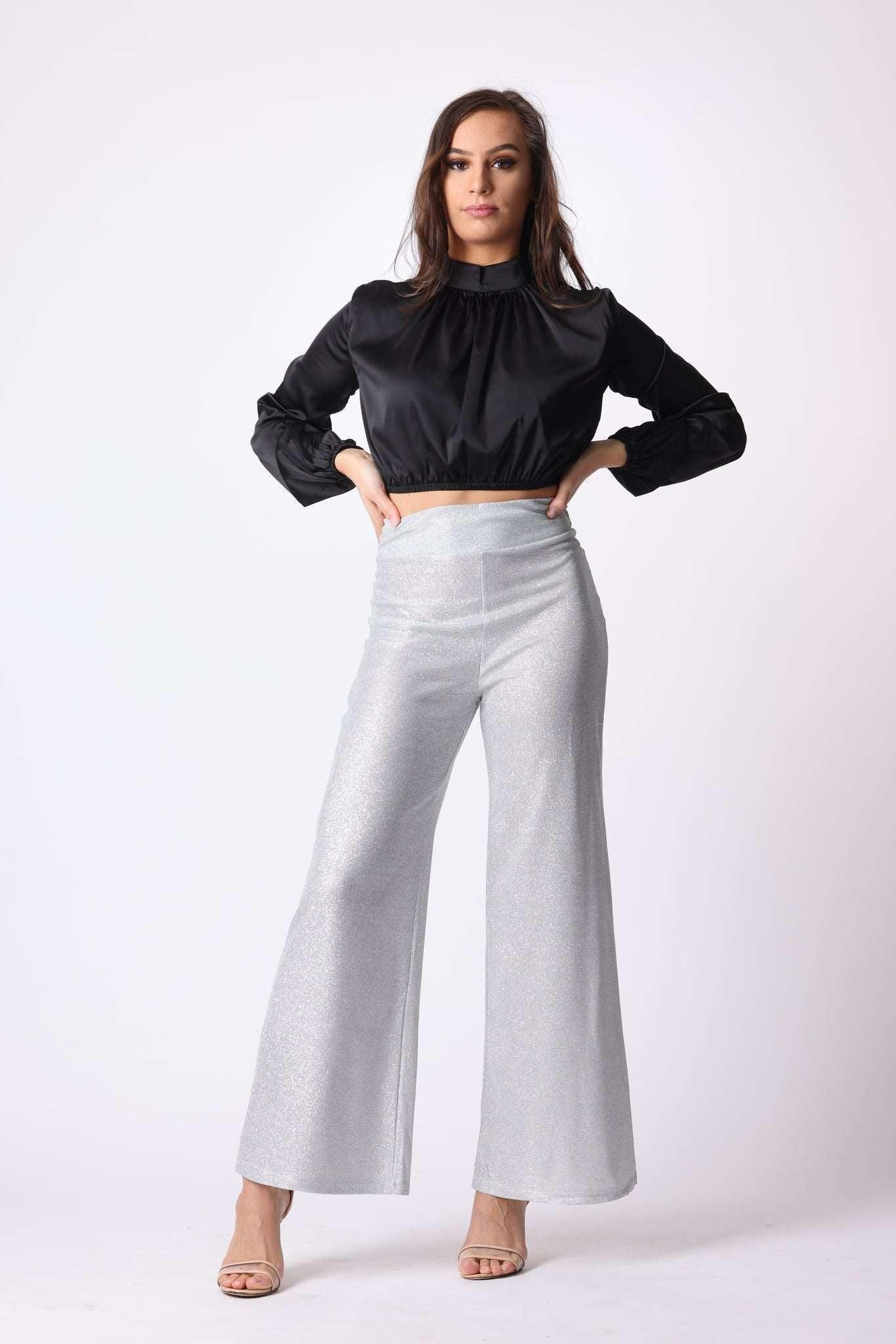 Sparkly Wide Leg Trousers in Silver