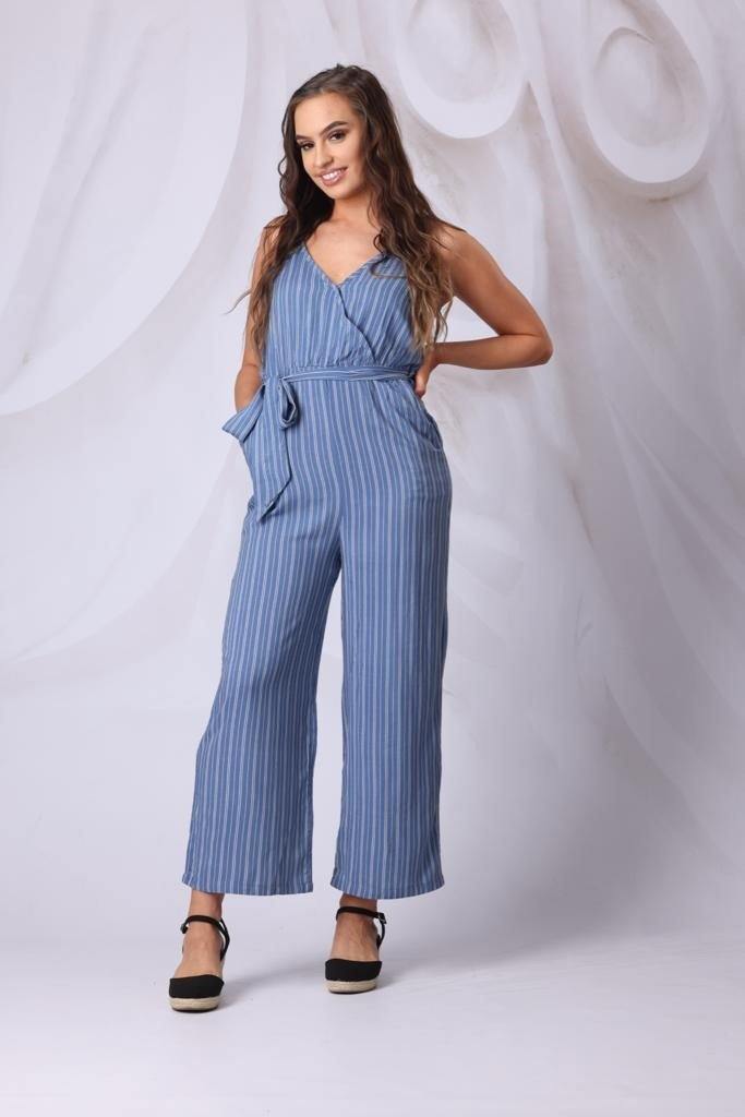 Striped Wide Leg Jumpsuit in Blue - watts that trend