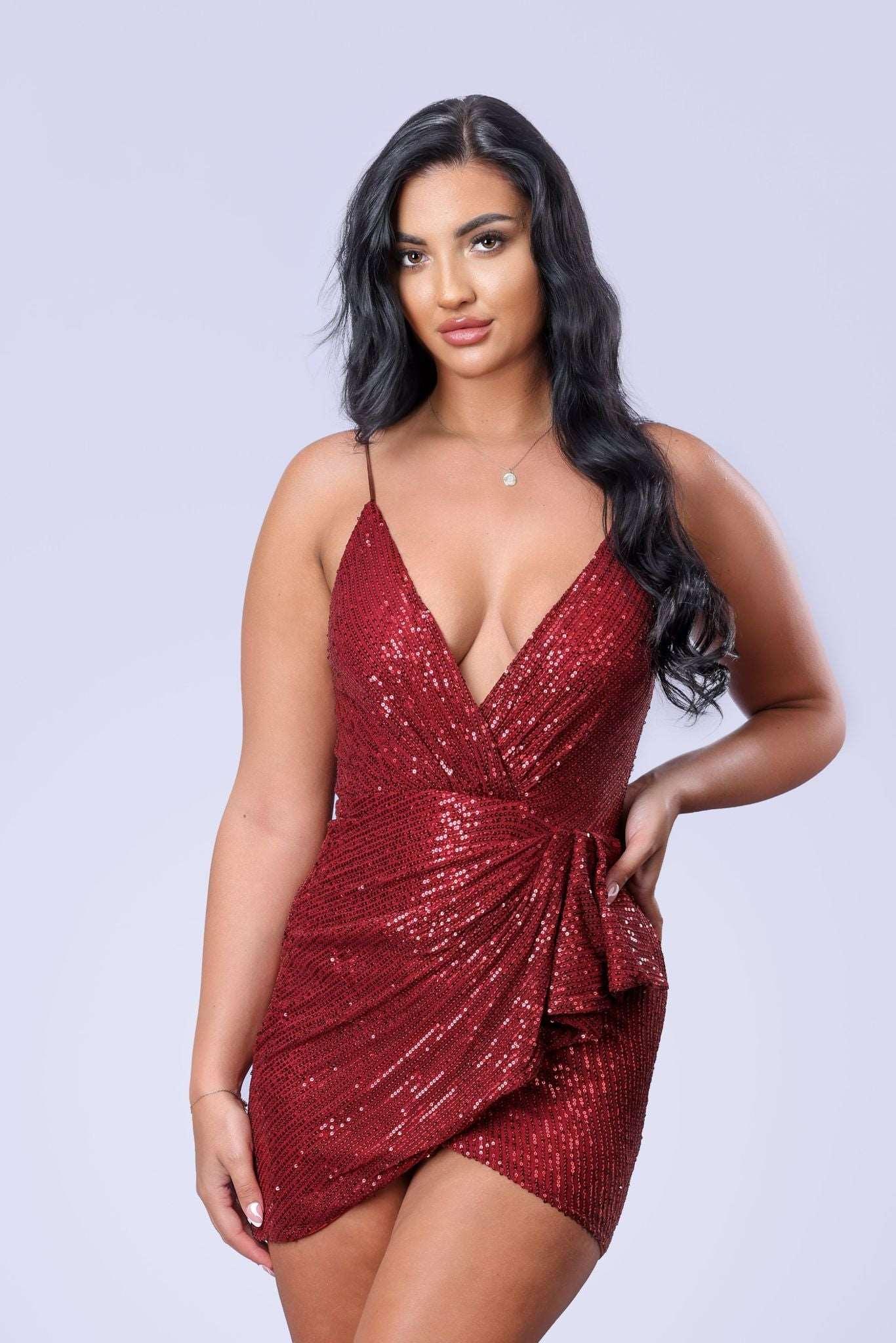The Plunge Neck Sequin Dress in Red