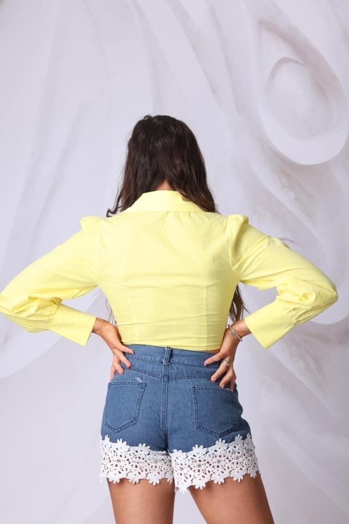 Tie Front Bell Sleeve Crop Top in Yellow - watts that trend