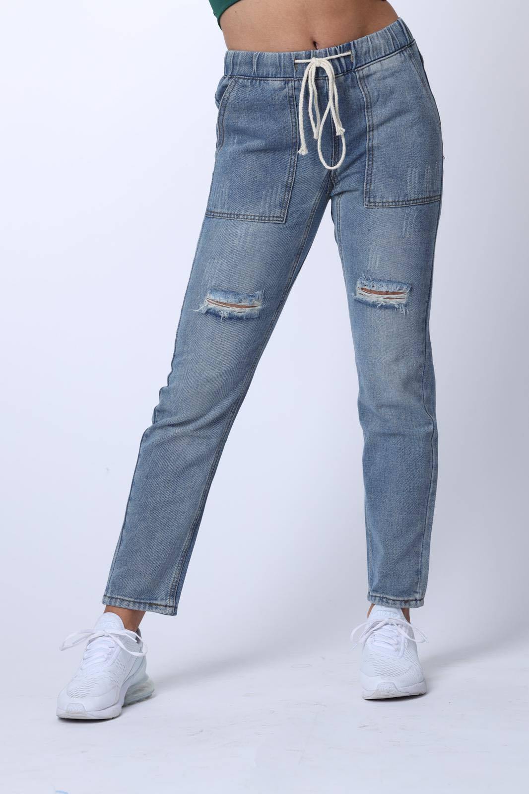 Tie Waist Ripped Jeans in Blue - watts that trend